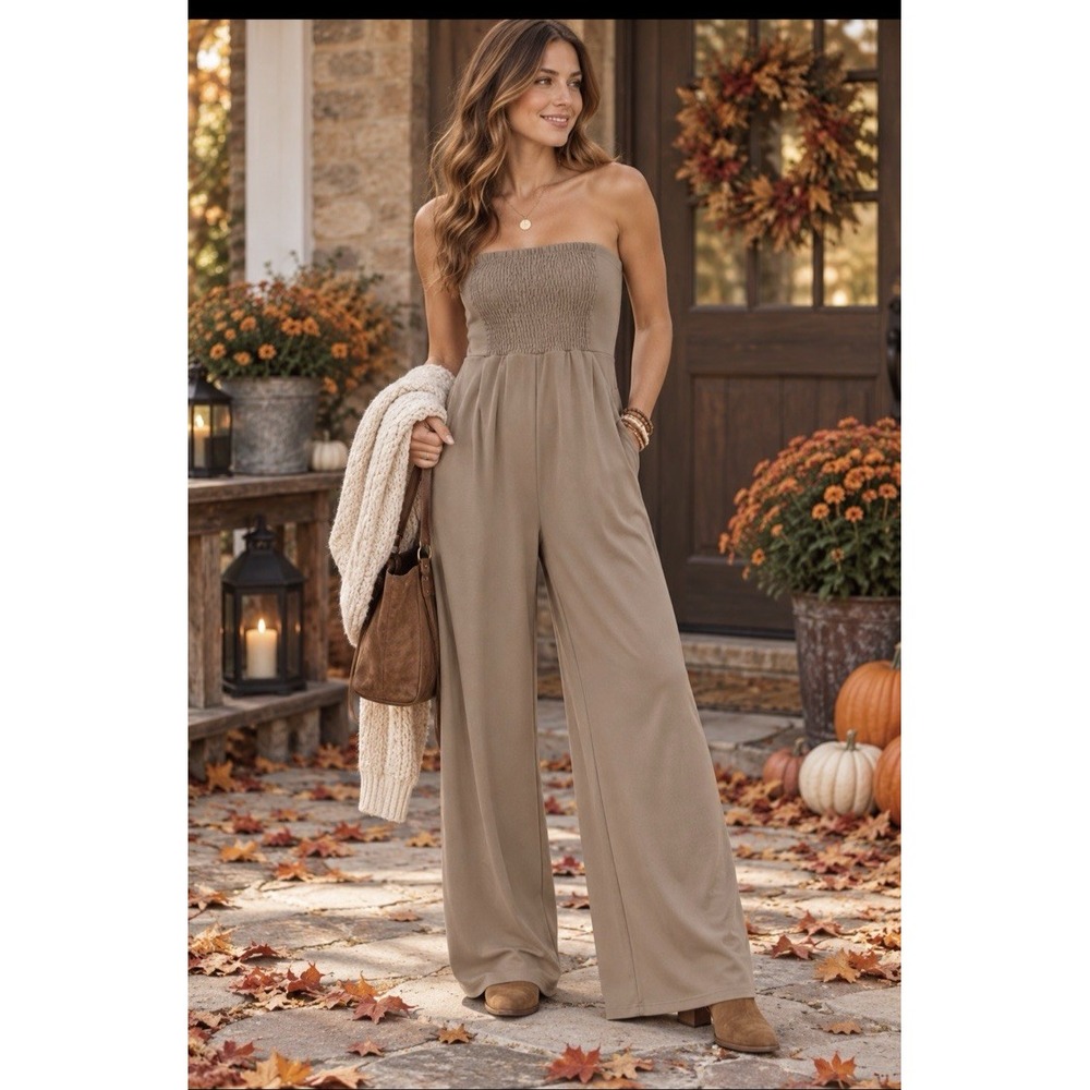 Women's L Taupe Strapless Jumpsuit Smocked Bodice Wide Leg One Piece Romper NEW